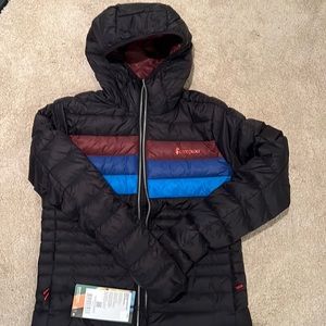 Cotopaxi Womens XS Fuego Down Hooded Jacket Black & Chestnut Stripes